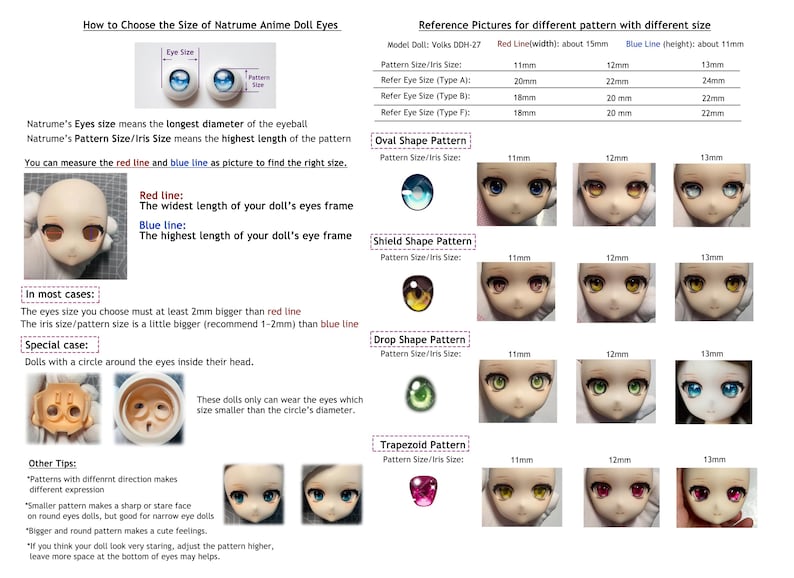 Puede incluir: Una tabla de instrucciones titulada How to Choose the Size of Natrume Anime Doll Eyes, que presenta diagramas, texto y tablas que explican las medidas de ojos e iris para mu&ntilde;ecas, incluyendo varios patrones de ojos como ovalado, escudo, gota y trapezoide.