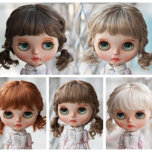 10-11" Blythe Doll Wig Short Cute Double Braids with Bangs Light Blonde/Brown/Reddish Brown 5 Colors