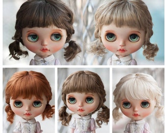 10-11" Blythe Doll Wig Short Cute Double Braids with Bangs Light Blonde/Brown/Reddish Brown 5 Colors