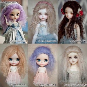 May include: Six different doll wigs in various colors and styles, including purple, blonde, brown, light brown, and lavender. The wigs are for dolls of different sizes, including Pullip, 1/3, 1/4, Blythe, and 1/6 Unoa. The wigs are all made of synthetic hair and have a length of 8-10 cm.