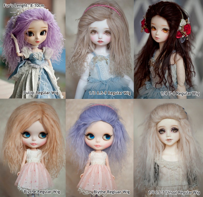 May include: Six different doll wigs in various colors and styles, including purple, blonde, brown, light brown, and lavender. The wigs are for dolls of different sizes, including Pullip, 1/3, 1/4, Blythe, and 1/6 Unoa. The wigs are all made of synthetic hair and have a length of 8-10 cm.