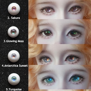 May include: A collage showcasing doll eyes in various colors, including Sunstone, Sakura, Glowing Moss, Antarctica Sunset, Turquoise, and Spring Peach. Each eye is paired with a close-up of a face, highlighting the eye color and makeup. The eyes are round and have a glossy finish.