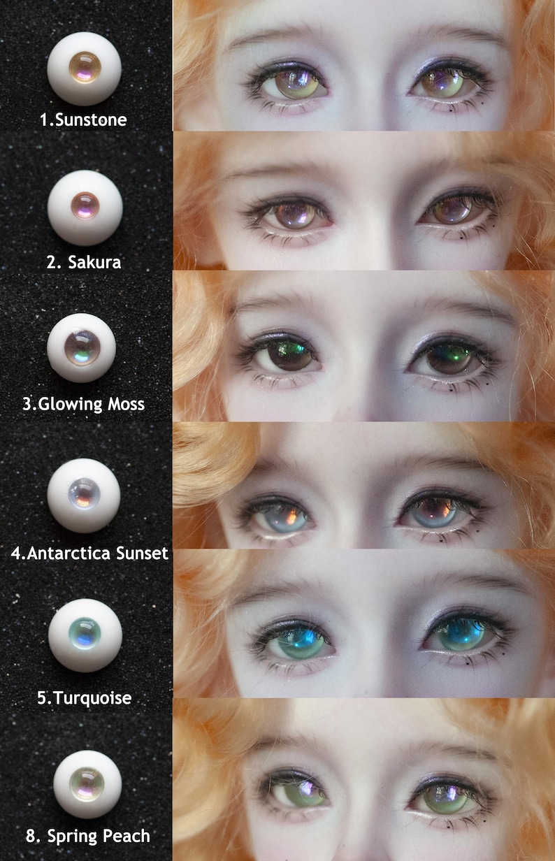 May include: A collage showcasing doll eyes in various colors, including Sunstone, Sakura, Glowing Moss, Antarctica Sunset, Turquoise, and Spring Peach. Each eye is paired with a close-up of a face, highlighting the eye color and makeup. The eyes are round and have a glossy finish.