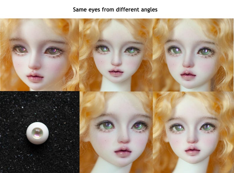 May include: A collage of doll faces with varying eye colors and angles, showcasing the phrase "Same eyes from different angles." The dolls have blonde hair, rosy cheeks, and detailed facial features. A single doll eye is also shown.