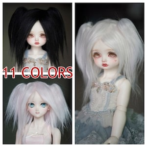 8"-11“ Size Free Style Doll Wig Long Straight Fake Fur Twin Tails Clips on Wig Super Dollfie BJD SD Pullip Blythe Dolls 19 Colors