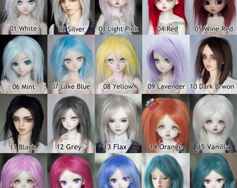 May include: A grid of twenty ball-jointed dolls featuring various hair colors including white, silver, light pink, red, wine red, mint, lake blue, yellow, lavender, dark brown, black, grey, flax, orange, vanilla, pink, hot pink, blue, and dark cyan.