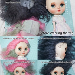 May include: A comparison of two different wig styles for Blythe dolls. The top row shows a doll with no wig, and the bottom row shows the doll wearing two different wigs. The wigs are described as "Front Stitched Size" and "Round Stitched Size".