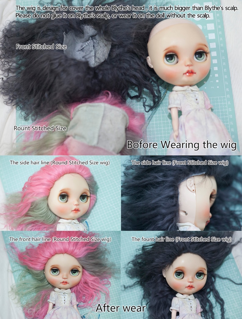 May include: A comparison of two different wig styles for Blythe dolls. The top row shows a doll with no wig, and the bottom row shows the doll wearing two different wigs. The wigs are described as "Front Stitched Size" and "Round Stitched Size".