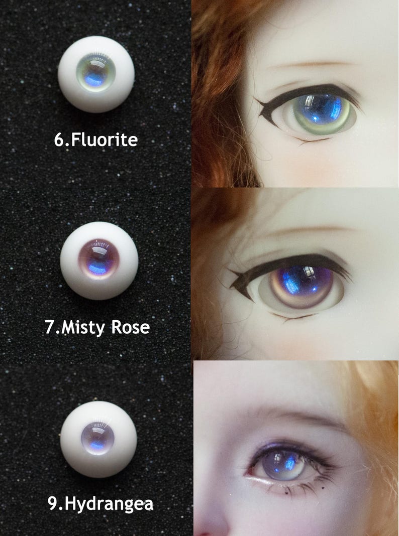 May include: Close-up of three doll eyes with different color variations. The eyes are labeled "6. Fluorite", "7. Misty Rose", and "9. Hydrangea". Each eye has a white sclera and a colorful iris, with the iris colors ranging from blue to purple.