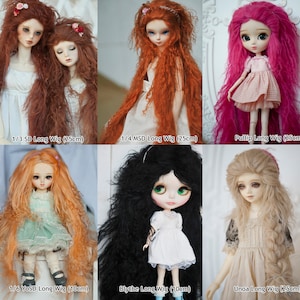 May include: Six different doll wigs in various colors and lengths, including long brown, orange, pink, blonde, black, and light brown. The wigs are shown on dolls of different sizes, including 1/3 SD, 1/4 MSD, Pullip, 1/6 YOSD, Blythe, and Unoa. The wigs are all long and flowing, and some have bangs. The wigs are labeled with the doll size and the length of the wig in centimeters.