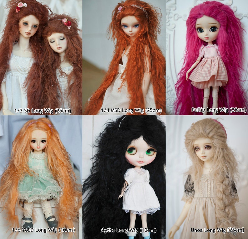 May include: Six different doll wigs in various colors and lengths, including long brown, orange, pink, blonde, black, and light brown. The wigs are shown on dolls of different sizes, including 1/3 SD, 1/4 MSD, Pullip, 1/6 YOSD, Blythe, and Unoa. The wigs are all long and flowing, and some have bangs. The wigs are labeled with the doll size and the length of the wig in centimeters.