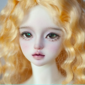 May include: A close-up of a doll's face with pale skin, rosy cheeks, and full lips. The doll has large, expressive eyes with long eyelashes and light brown irises. The doll's wavy, golden hair frames the face. The overall aesthetic is delicate and ethereal.