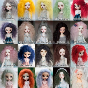 May include: A collection of 20 different colored doll wigs. The wigs are made of synthetic hair and are available in a variety of colors, including red, blue, green, pink, and black.