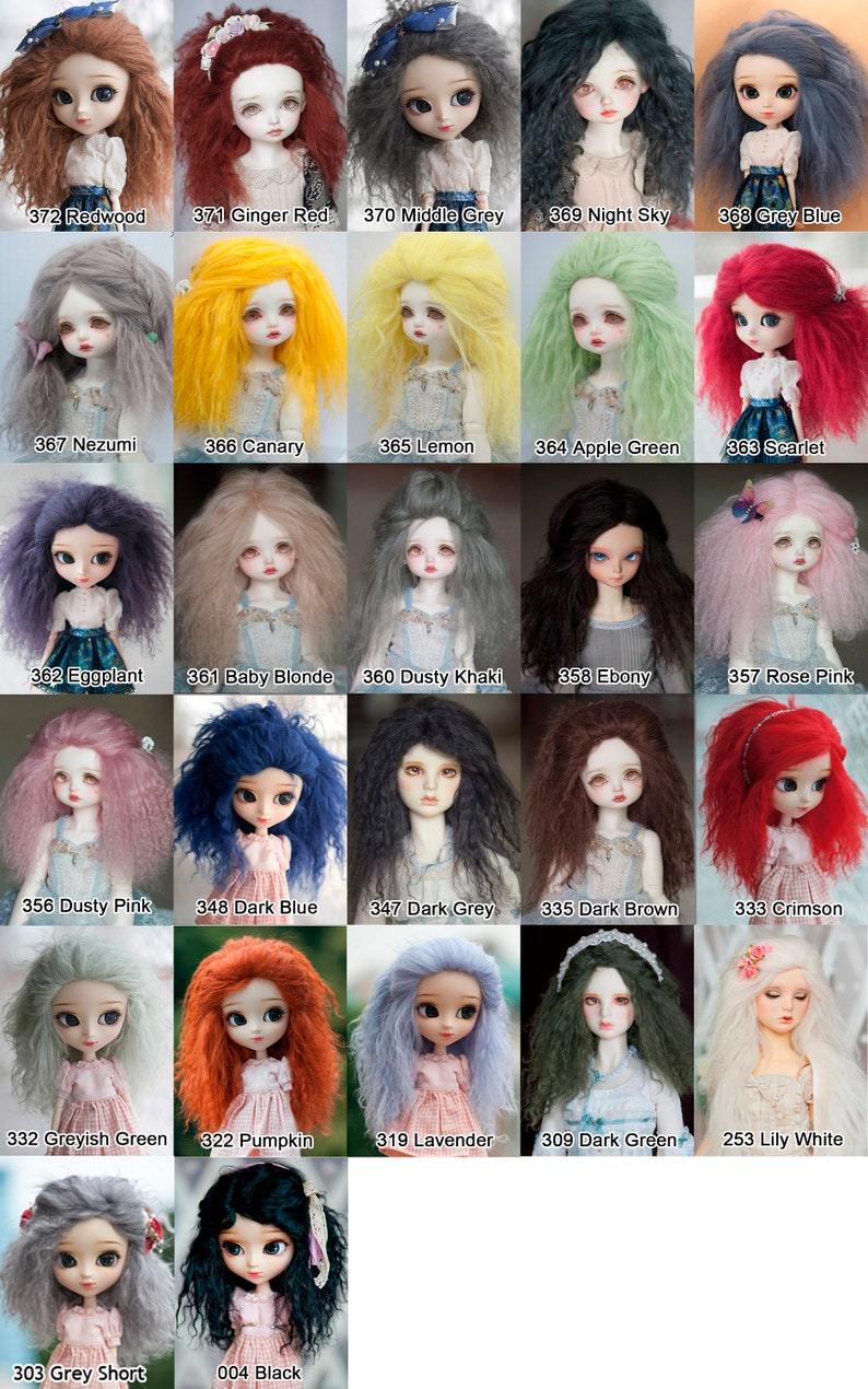May include: A collection of 20 different colored doll wigs. The wigs are made of synthetic hair and are available in a variety of colors, including red, blue, green, pink, and black.