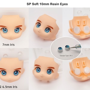 May include: Two pairs of soft 10mm resin eyes for doll making. The eyes are blue with a white iris. The first pair has a 7mm iris and the second pair has a 6.5mm iris. The image shows the eyes on a doll head and a close-up of the eyes.