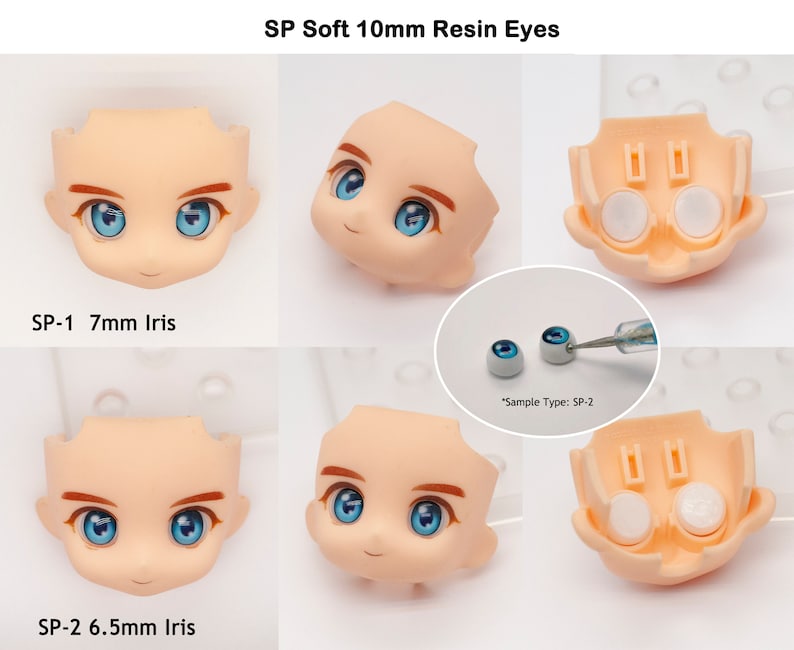 May include: Two pairs of soft 10mm resin eyes for doll making. The eyes are blue with a white iris. The first pair has a 7mm iris and the second pair has a 6.5mm iris. The image shows the eyes on a doll head and a close-up of the eyes.