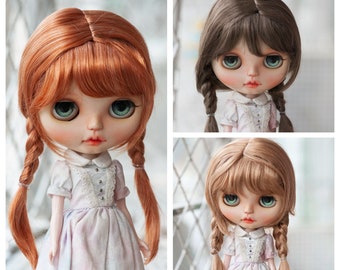 Pullip/Blythe Doll Wig  Double Braids Nature Dark Brown/Golden Brown Long Cute Wig with Bangs