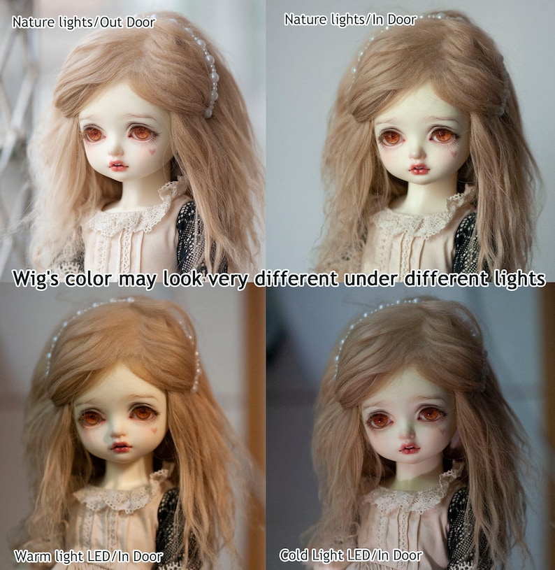 May include: Four images of a doll with long, light brown hair wearing a white dress. The images show the doll under different lighting conditions: natural light outdoors, natural light indoors, warm light LED indoors, and cold light LED indoors. The text "Wig's color may look very different under different lights" is displayed below the top two images.