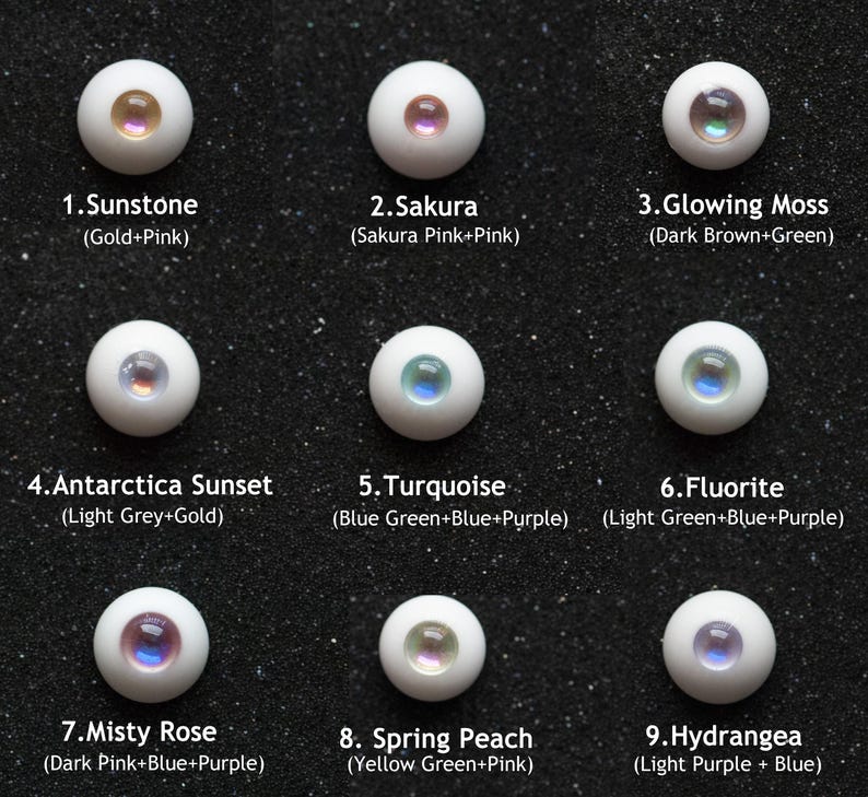 May include: Nine doll eyes in various colors, including Sunstone (Gold+Pink), Sakura (Sakura Pink+Pink), and Glowing Moss (Dark Brown+Green). Each eye has a white base with a colored iris. The text labels each eye with a number and color description.