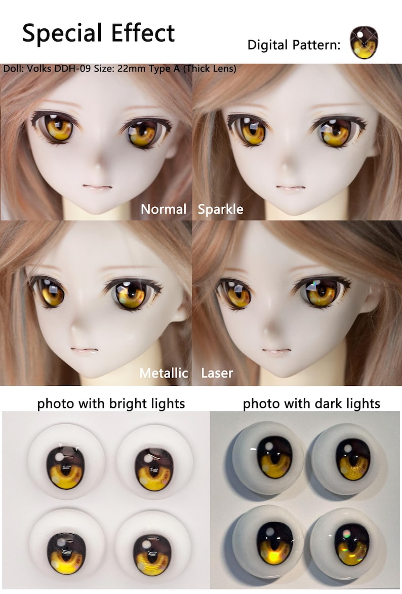 May include: A close-up of a pair of yellow and brown doll eyes with different special effects. The effects include normal, sparkle, metallic, and laser. The doll eyes are 22mm in size and are designed for Volks DDH-09 dolls.