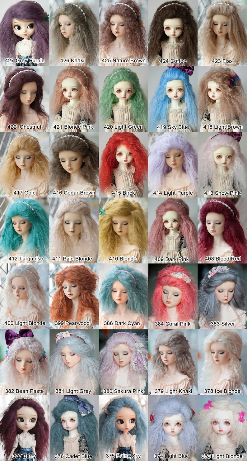 May include: A collection of 24 doll wigs in various colors, including grey purple, khaki, nature brown, coffee, flax, chestnut, blonde pink, light green, sky blue, light brown, gold, cedar brown, birck, light purple, snow pink, turquoise, pale blonde, blonde, dark pink, blood red, light blonde, pearwood, dark cyan, coral pink, silver, bean paste, light grey, sakura pink, light khaki, ice blonde, berry, cadet blue, rainy sky, light blue, and light blonde.