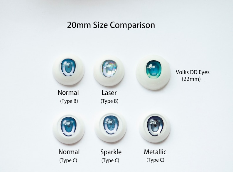 May include: A collection of six doll eyes arranged in two rows with the text 20mm Size Comparison. The eyes feature various blue iris designs labeled Normal Type B, Laser Type B, Normal Type C, Sparkle Type C, Metallic Type C, and Volks DD Eyes 22mm.