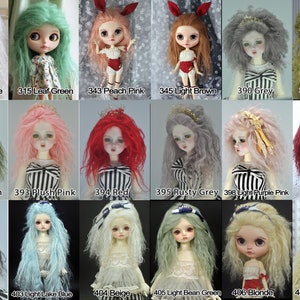 May include: A collection of 18 doll wigs in various colors, including snow white, leaf green, peach pink, light brown, grey, olive green, tea green, plush pink, red, rusty grey, light purple pink, wine red, dark grey, light lake blue, beige, light bean green, blonde, and nature blonde.