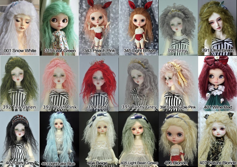 May include: A collection of 18 doll wigs in various colors, including snow white, leaf green, peach pink, light brown, grey, olive green, tea green, plush pink, red, rusty grey, light purple pink, wine red, dark grey, light lake blue, beige, light bean green, blonde, and nature blonde.
