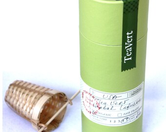 Organic "Madrid Fusion" herbal tea blend with Bamboo Infuser, 35 Servings Canister.