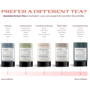 Lineup of tea canisters offering calming herbal, jasmine green tea, fruit and berry blends, winter bliss, and lavender earl grey. Each loose leaf tea option is shown on a gradient background organized by caffeine level perfect for customizing your frog and mushroom themed tea gift box.