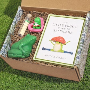 May include: A cardboard gift box filled with brown paper crinkle filler containing a book titled The Little Frog's Guide to Self-Care by Maybell Eequay, a green frog figurine, a small pink chair with a tiny frog, and a glass vial of green-tipped matches.