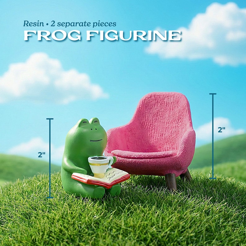 A miniature green frog figurine sitting on a tiny pink armchair reading a small book on a grassy field. Text reads 'Frog Figurine' and indicates the frog and chair are two separate pieces.