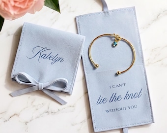 Regalo de propuesta para dama de honor, bolsa de joyería personalizada, bolsa de microfibra grabada, conjunto de pulsera de nudo con piedra de nacimiento, regalo de dama de honor, boda personalizada