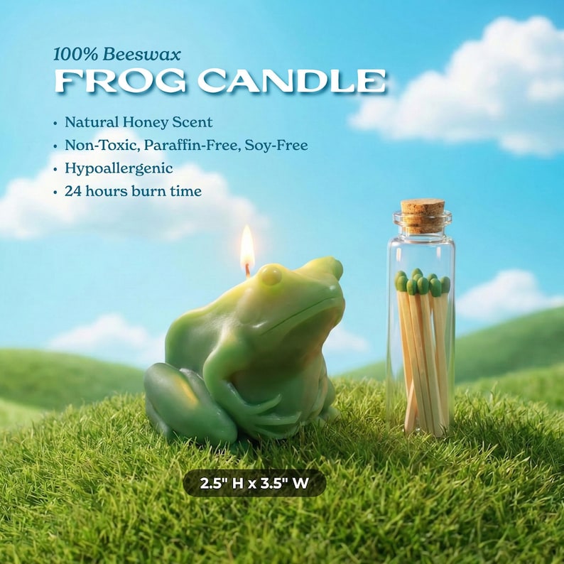 A detailed green beeswax candle sculpted like a frog sitting on a grassy hill next to a glass vial of matches under a bright blue sky. Text highlights its natural honey scent and 24-hour burn time.