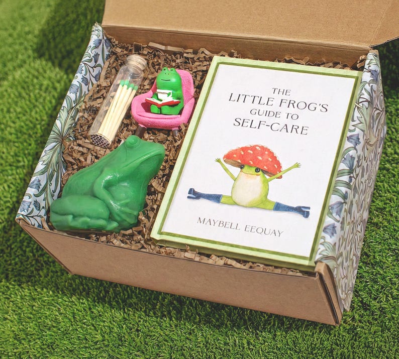 Open cottagecore frog gift box on a grass background containing a hardcover self-care book, a green sculpted frog beeswax candle, a miniature frog figurine with a pink armchair, and a glass match cloche with green-tipped matches.