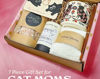 Cat Gift Box for Her Holiday Cozy Self-Care Present Cat Mom Mug Book Lover Idea Care Package for Girlfriend Kitty Magnetic Bookmark for Teen