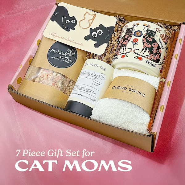 Cat Gift Box for Her Holiday Cozy Self-Care Present Cat Mom Mug Book Lover Idea Care Package for Girlfriend Kitty Magnetic Bookmark for Teen