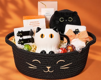 Caja de regalo de Halloween con gato negro para mamá de gatos, paquete de cuidado para amiga, idea de cumpleaños de octubre para amante de los gatos, cesta de Boo, taza de fantasma espeluznante, decoración del hogar con gatitos