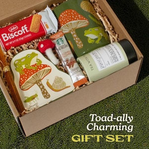 Frog Mushroom Mug Gift Box arranged in a brown kraft box on soft green grass background showing whimsical mushroom mug, trinket tray, cookies, honey sticks and woodland accents styled for cozy cottagecore home decor perfect for friend birthday or Christmas gift