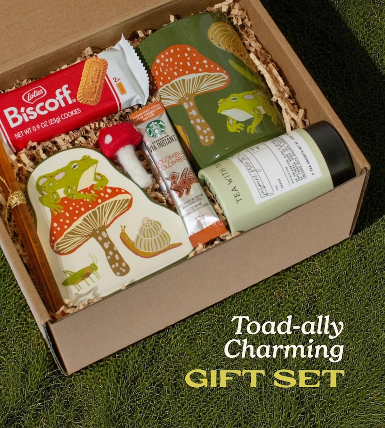 Frog Mushroom Mug Gift Box arranged in a brown kraft box on soft green grass background showing whimsical mushroom mug, trinket tray, cookies, honey sticks and woodland accents styled for cozy cottagecore home decor perfect for friend birthday or Christmas gift