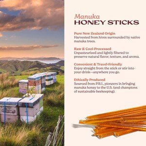 Golden honey sticks photographed beside a scenic New Zealand landscape with beehives under a sunset sky. This pure raw manuka honey is sustainably harvested and ideal for stirring into jasmine green tea or drizzling over breakfast for a touch of natural sweetness.