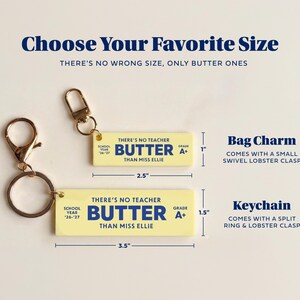a keychain with a yellow rectangular tag that reads "There's no teacher but miss Ellie". The keychain is described as a "bag charm" and comes with a small lobster clasp. The tag indicates that the keychain is "grade A+". The tag also provides the dimensions of the keychain, which are "2.5" inches by "3.5" inches.