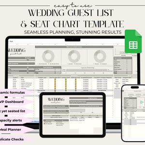 Puede incluir: Una plantilla digital de lista de invitados y plano de asientos para bodas que se muestra en una computadora portátil, una tableta y un teléfono inteligente. La plantilla incluye secciones para los detalles de los invitados, el seguimiento de RSVP y la planificación de comidas. El texto en la pantalla dice "WEDDING GUEST LIST & SEAT CHART TEMPLATE".