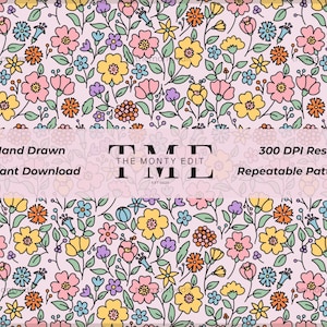 May include: A floral pattern featuring hand-drawn flowers in pink, yellow, orange, blue, and purple on a light pink background. The design includes the text "Hand Drawn", "Instant Download", "300 DPI Res", and "Repeatable Pattern".