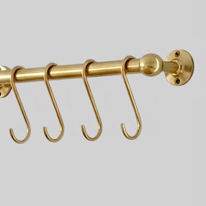 Unlacquered Brass Kitchen Rod with S Hooks: Wall Mounted Pot Rack