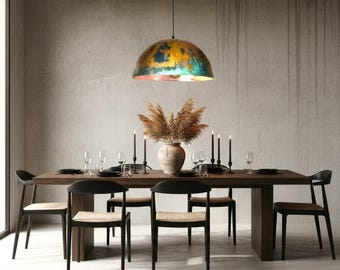 Green Patina Copper Pendant Light – Oxidized Farmhouse Dome Hanging Lamp for Kitchen Island