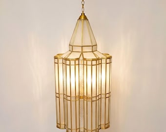 Handmade Brass Moroccan Art Deco Pendant Light, Geometric Glass Lamp