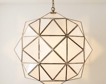 Handcrafted Brass and Opal Glass Pendant Light – Geometric Hanging Lamp