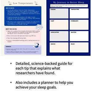 Pu&ograve; includere: Una guida dettagliata sul sonno, con un design blu e bianco. Include consigli sulla bassa temperatura per dormire, un pianificatore per migliorare il sonno e le fonti. Il testo include "Low Temperature" e "My Journey to Better Sleep".