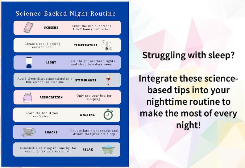 Pu&ograve; includere: Infografica blu intitolata "Science-Backed Night Routine" con consigli per dormire meglio. Il grafico include sezioni su schermi, temperatura, luce, stimolanti, associazione, attesa, snack e relax, con icone.